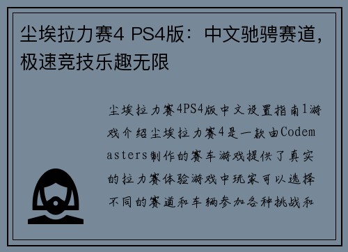 尘埃拉力赛4 PS4版：中文驰骋赛道，极速竞技乐趣无限