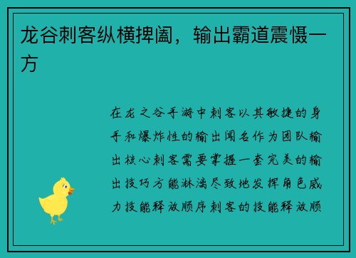 龙谷刺客纵横捭阖，输出霸道震慑一方